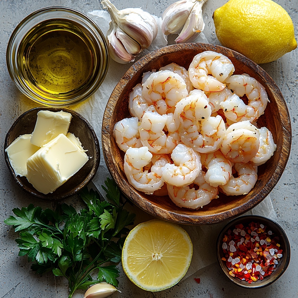 /Imagine prompt: A clean, bright surface with all the main ingredients for Garlic Butter Shrimp Scampi carefully arranged in an inviting flat lay. Large, peeled and deveined raw shrimp (16-20 count) displayed neatly in a small rustic bowl, their pale pink and translucent textures contrasting with the clean white background. Nearby, a small glass bowl of golden olive oil catches the light, alongside a pat of creamy unsalted butter resting on parchment paper. Four cloves of fresh garlic, some whole and some minced, scattered naturally to show texture and freshness. A small dish with crushed red pepper flakes adds a vibrant pop of deep red. A clear glass of dry white wine with a slight shimmer and a halved lemon, one half showing bright yellow zest curls and the other freshly juiced with visible pulp. A pinch of coarse kosher salt grains scattered beside the lemon for sparkle. Fresh, vivid green chopped parsley leaves sprinkled lightly on the surface near the shrimp bowl, adding a fresh herbaceous accent. The arrangement is balanced yet casual, emphasizing color contrast—pinks, yellows, greens, reds, and whites—with natural light highlighting the textures: the smooth shrimp shells, the soft butter, the rough lemon zest, and the delicate garlic pieces. Soft shadows add depth while maintaining a clean and airy feel. overhead shot, top down view, flat lay photography, professional food styling --ar 1:1 --q 2 --s 750 --v 6.1