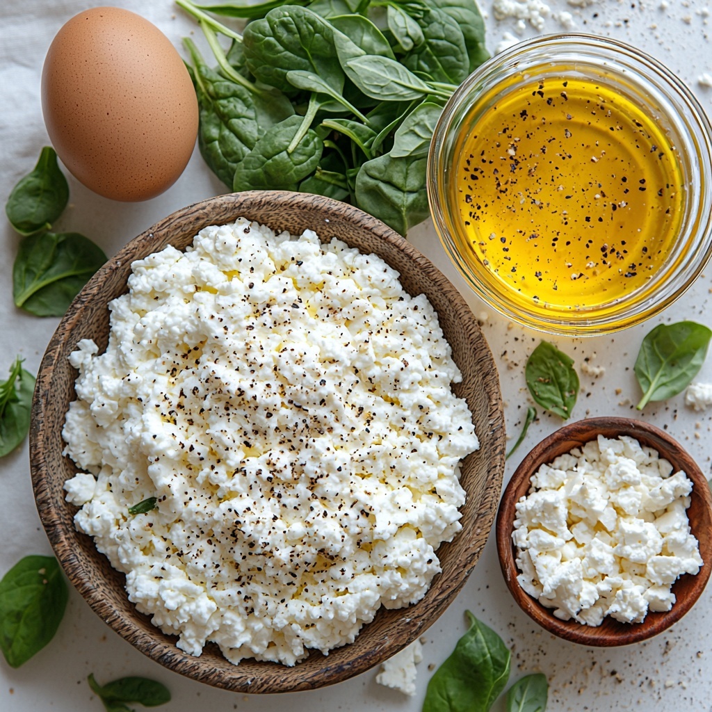 Cottage cheese in a small rustic white bowl showing creamy texture, a glass bowl with vibrant golden olive oil glistening under soft light, a whole large brown egg with smooth shell next to a small dish containing ground flaxseed mixed with water as vegan option, a neat pile of fine white all-purpose flour on a wooden spoon next to a small heap of fine almond flour, fresh baking powder in a small ceramic scoop with a few grains spilled artistically, coarse sea salt crystals scattered lightly nearby, a mound of bright green finely chopped baby spinach leaves with fresh veins visible, fresh tender kale leaves placed beside as substitution, a small bowl filled with shredded mozzarella cheese showing stringy, soft texture alongside crumbled white feta cheese, all ingredients arranged thoughtfully on a clean white surface with natural light casting soft shadows, subtle sprigs of fresh herbs scattered for accent, warm neutral-toned linen napkin folded neatly at an edge, minimalist and airy styling emphasizing freshness and natural colors. Overhead shot, top down view, flat lay photography, professional food styling --ar 1:1 --q 2 --s 750 --v 6.1