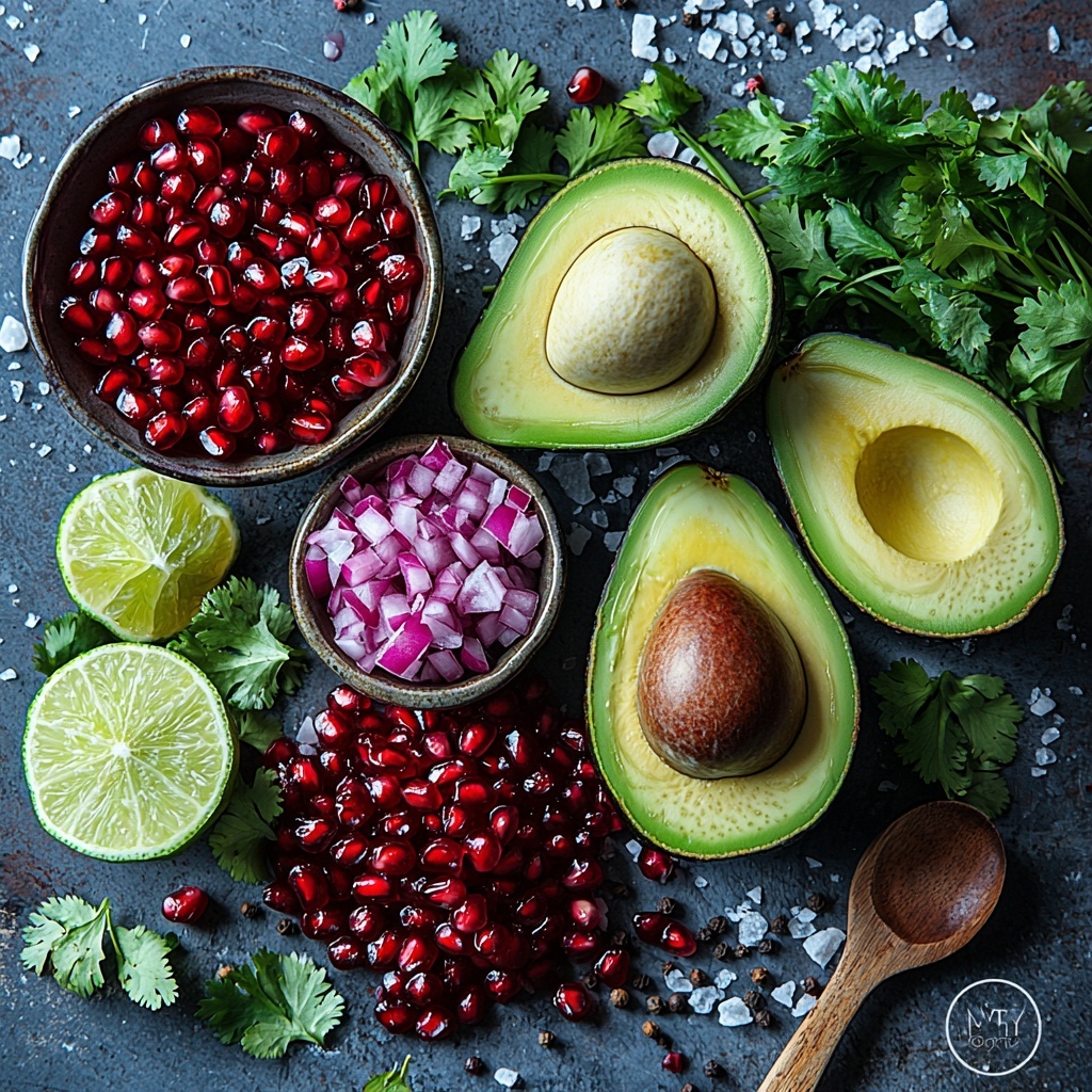 2 ripe avocados halved and sliced with bright green flesh, a small bowl filled with shiny ruby red pomegranate seeds, a small heap of finely chopped vibrant purple-red red onion, a bunch of fresh green cilantro leaves roughly chopped, two halved limes showing juicy pale green interiors, scattered coarse salt crystals and cracked black peppercorns on a clean white marble surface. Ingredients are neatly arranged in balanced clusters with contrasting colors and textures, natural soft daylight highlighting freshness and vibrancy, minimalist styling with gentle shadows and a few rustic wooden spoons nearby, emphasizing the fresh, wholesome nature of the salsa ingredients. overhead shot, top down view, flat lay photography, professional food styling --ar 1:1 --q 2 --s 750 --v 6.1