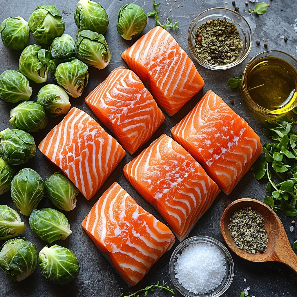 A clean, bright surface with fresh Brussels sprouts, vibrant green and halved or whole, arranged neatly on one side; several raw salmon fillets, rich pink with visible marbling, placed alongside the Brussels sprouts; small piles of minced garlic cloves, finely chopped and white with a slight sheen; a rustic wooden spoon holding dried oregano, earthy green with a coarse texture; small glass bowls containing golden olive oil with a smooth, glossy surface, scattered casually; pinches of coarse salt crystals and freshly ground black pepper in tiny piles nearby; natural lighting emphasizing the vibrant colors and textures, with soft shadows adding depth; minimalist styling with subtle rustic elements, slight wrinkles in a neutral linen napkin peeking in the frame; a harmonious composition that balances colors and shapes, clean but inviting; overhead shot, top down view, flat lay photography, professional food styling --ar 1:1 --q 2 --s 750 --v 6.1