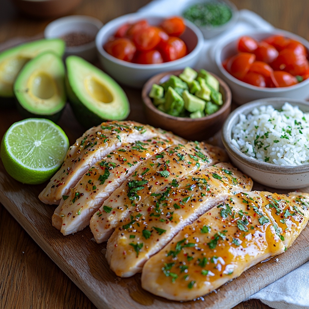 A clean, light wooden surface with all the main ingredients for Honey Lime Chicken & Avocado Rice Stack carefully arranged for flat lay photography: two raw boneless, skinless chicken breasts with a glossy sheen from olive oil marinade, a small white bowl with golden honey, a halved lime showing its bright green zest and juicy segments, two whole avocados—one diced into vibrant green chunks mixed with chopped fresh cilantro in a small glass bowl, a mound of fluffy cooked white jasmine rice with soft texture, two cloves of minced garlic displayed finely minced on a rustic wooden spoon, a scattering of finely ground cumin and coarse salt and black pepper in small ceramic dishes, and a small bowl of bright red cherry tomatoes finely chopped, adding pops of color. The ingredients are spaced evenly with natural light highlighting the fresh textures and colors, styled with minimal props like a linen napkin in soft neutral tones and a wooden cutting board, emphasizing freshness and simplicity. Overhead shot, top down view, flat lay photography, professional food styling --ar 1:1 --q 2 --s 750 --v 6.1