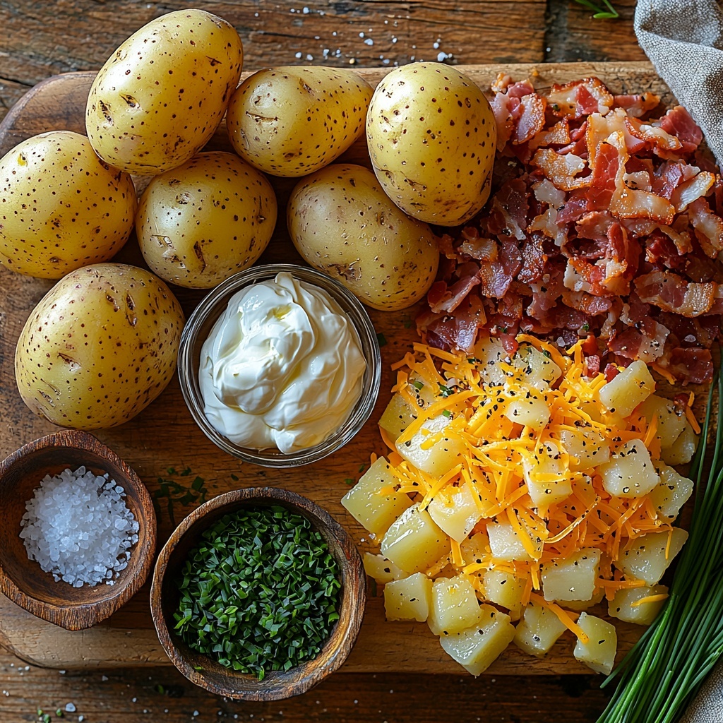 4 large russet potatoes with golden-brown skins, scrubbed and rustic, whole and halved; small glass bowl with creamy white sour cream; pile of shredded sharp cheddar cheese in vibrant yellow-orange hues; crispy cooked bacon strips, crumbled, showing deep reddish-brown and textured crispiness; small wooden bowl with chopped fresh chives, bright green and finely chopped; small dish of golden olive oil with a glossy surface; pinch bowls with coarse kosher salt and freshly ground black pepper flakes; all ingredients neatly arranged on a clean, light wooden surface with natural warm lighting enhancing their colors and textures; subtle food styling including a few scattered chive pieces and rustic linen napkin at the edge; emphasis on freshness and homemade comfort; overhead shot, top down view, flat lay photography, professional food styling --ar 1:1 --q 2 --s 750 --v 6.1