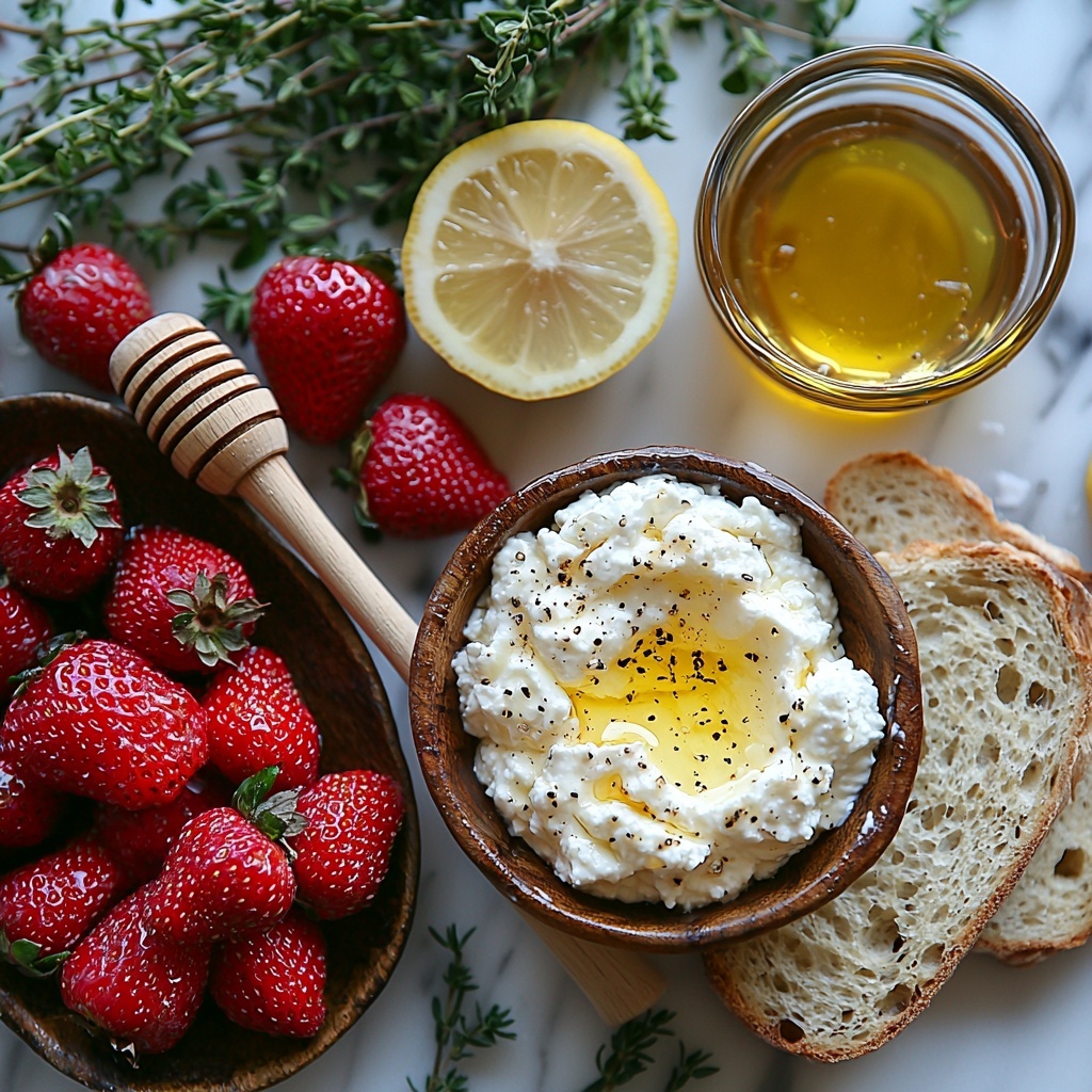 A clean white marble surface neatly arranged with the main ingredients for Roasted Strawberry Whipped Ricotta Toast: a small heap of bright red fresh strawberries with green tops removed, a wooden honey dipper resting in a small glass bowl of golden honey, a halved lemon showing vibrant yellow flesh with a few drops of juice spilled nearby, fresh green thyme sprigs scattered artfully, two thick rustic slices of crusty golden-brown bread with a textured surface, a small ceramic bowl of creamy white whole milk ricotta cheese dusted lightly with a pinch of coarse sea salt, and a small glass dish of rich golden olive oil. Soft natural lighting highlights the vivid reds, greens, creamy whites, and warm browns, creating a fresh and inviting palette. Textures range from smooth creamy ricotta to juicy roasted strawberries, rough crusty bread, and glossy honey, all arranged with balanced spacing and slight overlaps to guide the eye organically across the frame. Overhead shot, top down view, flat lay photography, professional food styling --ar 1:1 --q 2 --s 750 --v 6.1