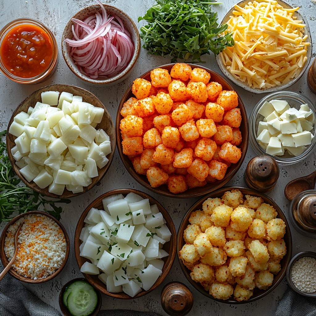 /Imagine prompt: A vibrant flat lay of all the main ingredients for Big Mac Tater Tot Casserole artfully arranged on a clean white surface. In one corner, a rustic wooden bowl holds 1 1/2 pounds of raw ground beef, rich red and slightly marbled, next to a small white ramekin filled with finely chopped yellow onion, pale golden with soft translucent edges. Nearby, a small glass bowl contains bright green chopped dill pickles, glistening with brine. A small ceramic dish displays a smooth, creamy pink Thousand Island dressing, its glossy texture catching the light. Scattered neatly on the surface are golden frozen tater tots, crispy textured with frosty edges. Another bowl holds sharp, shredded cheddar cheese in a vibrant orange hue, fluffy and piled high. A tiny bowl of Worcestershire sauce, deep brown and glossy, sits beside shaker jars of garlic powder and onion powder with fine, off-white powders visible. Sprinkled around are coarse grains of salt and freshly ground black peppercorns. A small dish contains fresh shredded iceberg lettuce, crisp and bright green, and a delicate scattering of toasted sesame seeds adds subtle texture and warmth. The ingredients are spaced evenly with natural shadows, styled with rustic wooden spoons and a linen napkin folded casually at the edge for a cozy, inviting feel. The overall composition is clean, colorful, and textured, emphasizing freshness and variety. overhead shot, top down view, flat lay photography, professional food styling --ar 1:1 --q 2 --s 750 --v 6.1