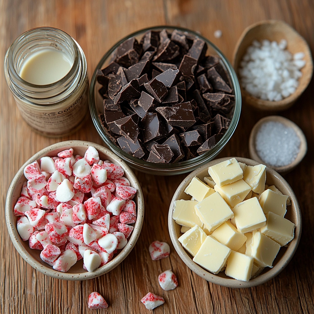 semi-sweet chocolate chips and white chocolate chips in small glass bowls, a can of sweetened condensed milk opened with some poured into a clear measuring cup, two tablespoons of unsalted butter on a small white ceramic dish, a small bowl with crushed red and white peppermint candies, a tiny dish with a pinch of salt, a glass bottle with peppermint extract and a small dropper, all ingredients neatly arranged on a smooth light wood surface with natural soft daylight enhancing creamy chocolate textures, glossy chocolate chips, and vibrant red peppermint pieces, minimal shadows, white parchment paper partially visible underneath for contrast, a clean and bright aesthetic emphasizing freshness and inviting warmth, overhead shot, top down view, flat lay photography, professional food styling --ar 1:1 --q 2 --s 750 --v 6.1