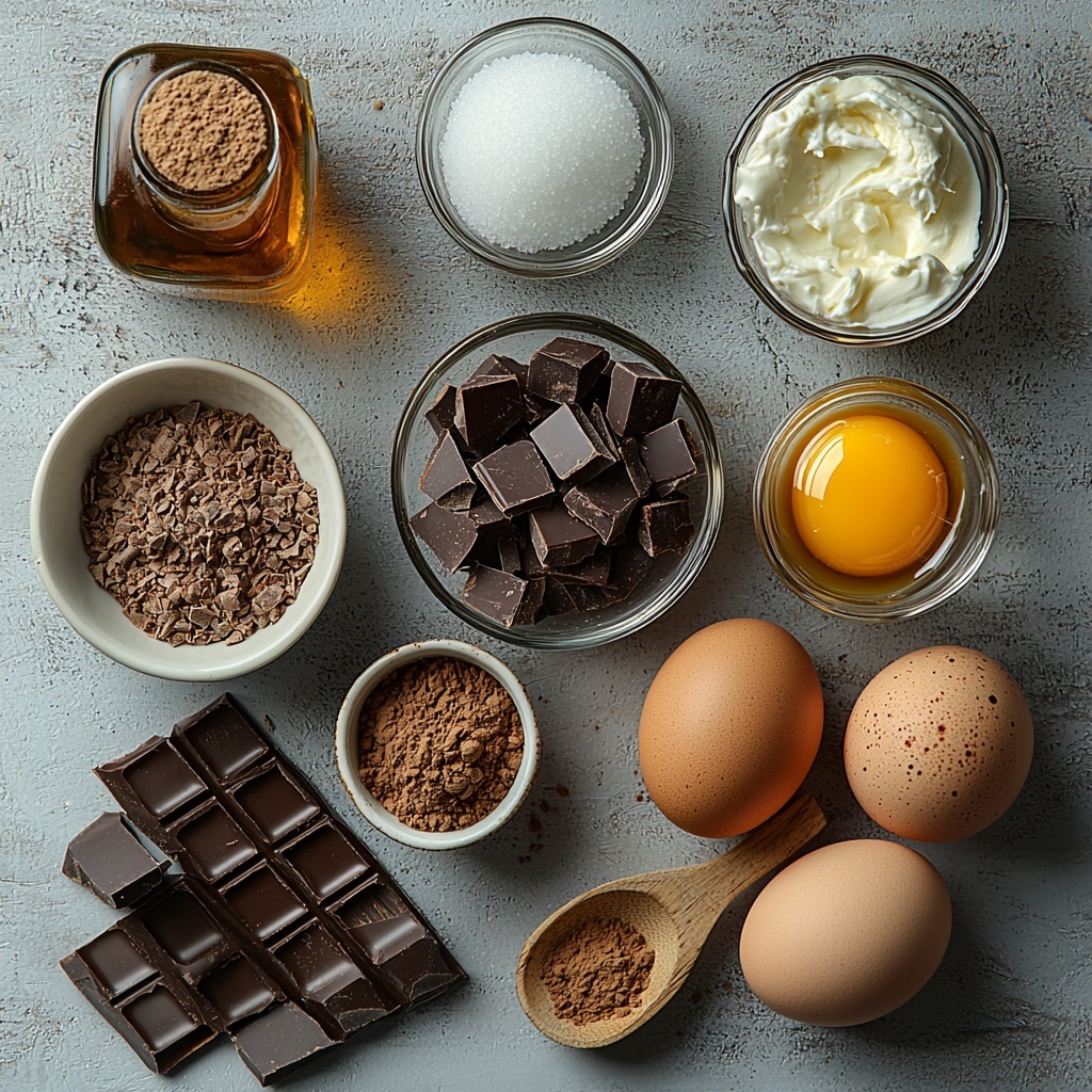 4 oz finely chopped semi-sweet dark chocolate chunks, two large fresh eggs (one whole and one separated with yolk and whites in separate small glass bowls), two tablespoons white granulated sugar in a small ceramic dish, a small heap of fine espresso powder on a white porcelain spoon, a clear glass bottle with a small amount of amber vanilla extract, a tiny pinch of coarse salt on a rustic wooden spoon, and a small bowl of pale creamy, lightly whipped heavy cream with soft fluffy peaks. All ingredients are artfully arranged on a clean, matte white surface creating contrast between the dark chocolate and espresso powder against the bright eggs and white sugar, delicate glass and ceramic containers adding texture and reflections. Natural soft daylight illuminates the scene from the side, subtle shadows add depth. The composition is balanced and spacious with small gaps to highlight each ingredient’s color and texture distinctly. Overhead shot, top down view, flat lay photography, professional food styling --ar 1:1 --q 2 --s 750 --v 6.1