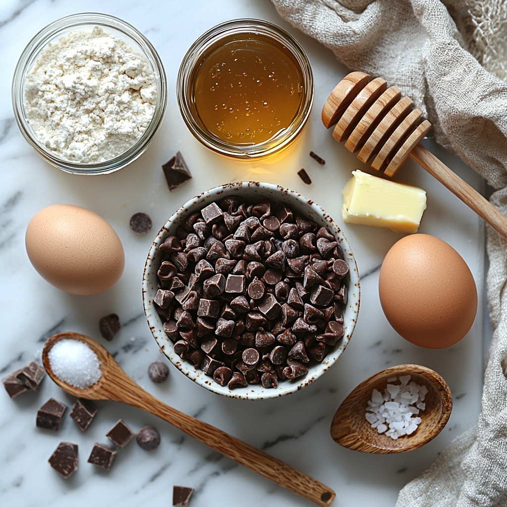 butter sticks, brown sugar in a small glass bowl, golden honey in a clear jar with a wooden dipper, creamy tahini in a white ceramic bowl, two fresh eggs with smooth brown shells, a small glass dish of vanilla extract with amber liquid, a heap of all-purpose flour on a wooden scoop, white baking soda powder in a tiny white spoon, fine white salt crystals in a porcelain spoon, scattered semi-sweet and dark chocolate chips and chunks, all arranged neatly on a clean white marble surface with soft natural light highlighting the contrast of textures and warm colors, minimal shadows, subtle linen napkin folded gently nearby for warmth, rustic wooden spoon and metal measuring spoons included for visual interest, accentuating the cozy homemade baking vibe, overhead shot, top down view, flat lay photography, professional food styling --ar 1:1 --q 2 --s 750 --v 6.1