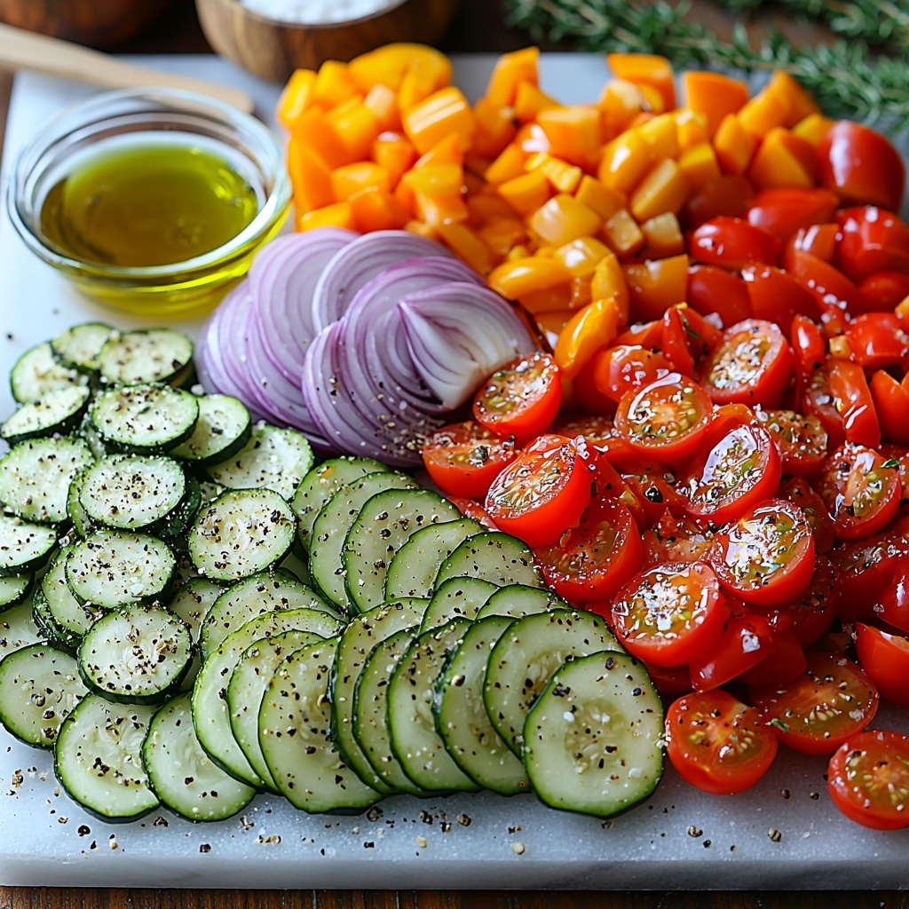 Zucchini sliced into rounds and half-moons showing vibrant green skin and pale interior, bright red and yellow bell peppers chopped into bite-sized pieces with glossy, smooth surfaces, a whole red onion cut into wedges highlighting its deep purple layers, thinly sliced orange carrots with subtle ridges, a cluster of shiny red cherry tomatoes with smooth skins, a small glass bowl of golden olive oil, a wooden spoon holding coarse garlic powder, a small dish with coarse sea salt crystals, a rustic bowl containing cracked black peppercorns, fresh thyme sprigs with delicate green leaves scattered gently, a wedge of creamy white goat cheese with crumbly texture and slight sheen. All ingredients carefully arranged in a visually balanced, colorful composition on a clean white marble surface with soft natural light casting gentle shadows, slight texture contrasts between the smooth vegetables and rough cheese, minimal props emphasizing freshness and simplicity, overhead shot, top down view, flat lay photography, professional food styling --ar 1:1 --q 2 --s 750 --v 6.1
