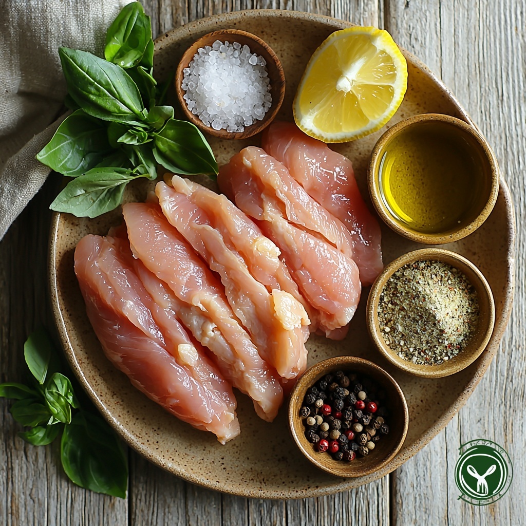 A clean, light wooden surface with all main ingredients for air fryer grilled chicken neatly arranged in a balanced flat lay composition. Four raw boneless, skinless chicken breasts, evenly pounded and slightly fanned out, showcasing their pale pink smooth texture. Small rustic ceramic bowls hold golden olive oil, coarse white garlic powder, pale beige onion powder, vibrant red smoked paprika, green dried oregano flakes, fine white salt crystals, freshly ground black peppercorns in dark specks, and a small wedge of bright yellow lemon with a few drops of fresh lemon juice glistening on the surface. Delicate sprigs of fresh oregano add a touch of green freshness. Soft natural lighting highlights the subtle color contrasts and textures, with minimal shadows to keep the scene bright and inviting. Scattered rustic salt crystals and peppercorns gently break the symmetry for an organic feel, while simple cutlery and a linen napkin peek in from the edges, enhancing the cozy kitchen mood. overhead shot, top down view, flat lay photography, professional food styling --ar 1:1 --q 2 --s 750 --v 6.1