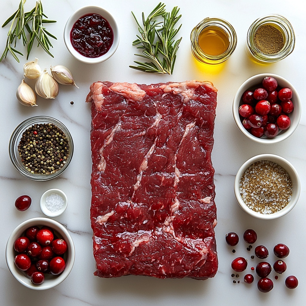Beef brisket slab trimmed of excess fat, raw and marbled, placed centrally on a clean white marble surface; small glass bowl of whole berry cranberry sauce with deep red glossy texture; 1/2 cup of rich beef broth in a clear measuring cup; small glass jar of dark balsamic vinegar; packed brown sugar in a rustic wooden scoop showing grainy texture; small ceramic bowl with smooth yellow Dijon mustard; white ceramic spoons holding garlic powder and onion powder, fine powders with pale beige tones; fresh rosemary sprigs with dark green, needle-like leaves, and fresh thyme sprigs with delicate light green leaves arranged artfully around; extra fresh bright red cranberries scattered as accent; small bottle of golden olive oil with subtle shine; salt and freshly ground black pepper in small white ramekins; natural daylight highlighting vibrant colors and contrasting textures, soft shadows; minimalistic clean surface to enhance visual clarity and freshness; overhead shot, top down view, flat lay photography, professional food styling --ar 1:1 --q 2 --s 750 --v 6.1