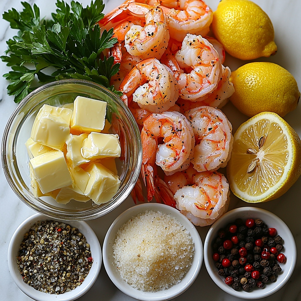 fresh large shrimp raw with shells removed, peeled and deveined, arranged neatly in a small pile; small glass bowl of melted butter glistening golden yellow; fresh garlic cloves, some whole and some minced, scattered artfully; a mound of finely grated high-quality Parmesan cheese, soft and fluffy texture; small white bowls containing black pepper, red pepper flakes, and sea salt, each with a tiny wooden spoon; fresh lemon halves and bright green parsley sprigs placed to the side for color contrast; all ingredients laid out on a clean white marble surface, natural soft light highlighting textures and colors, shadows subtle and diffused, composition balanced with negative space for a modern, elegant look — overhead shot, top down view, flat lay photography, professional food styling --ar 1:1 --q 2 --s 750 --v 6.1