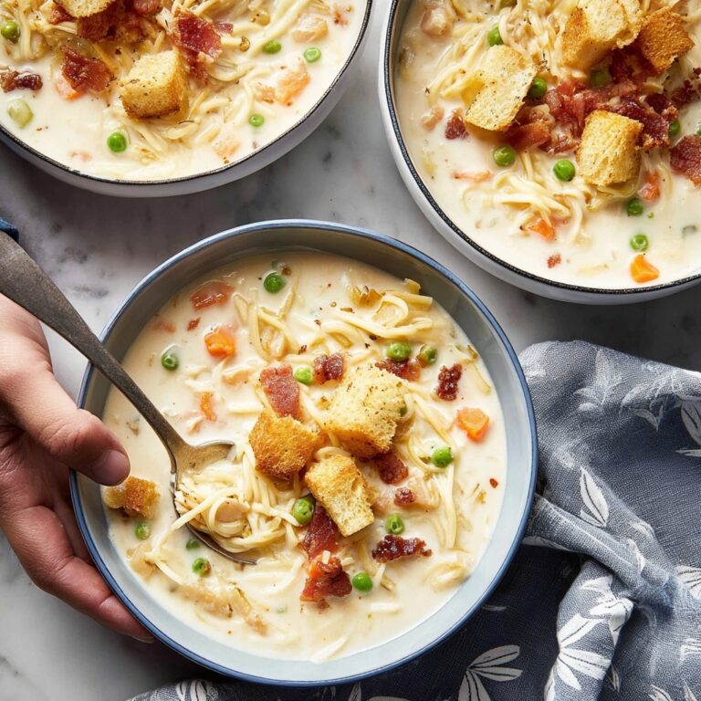 Creamy Chicken Noodle Soup with Mini Croutons and Crispy Bacon Recipe